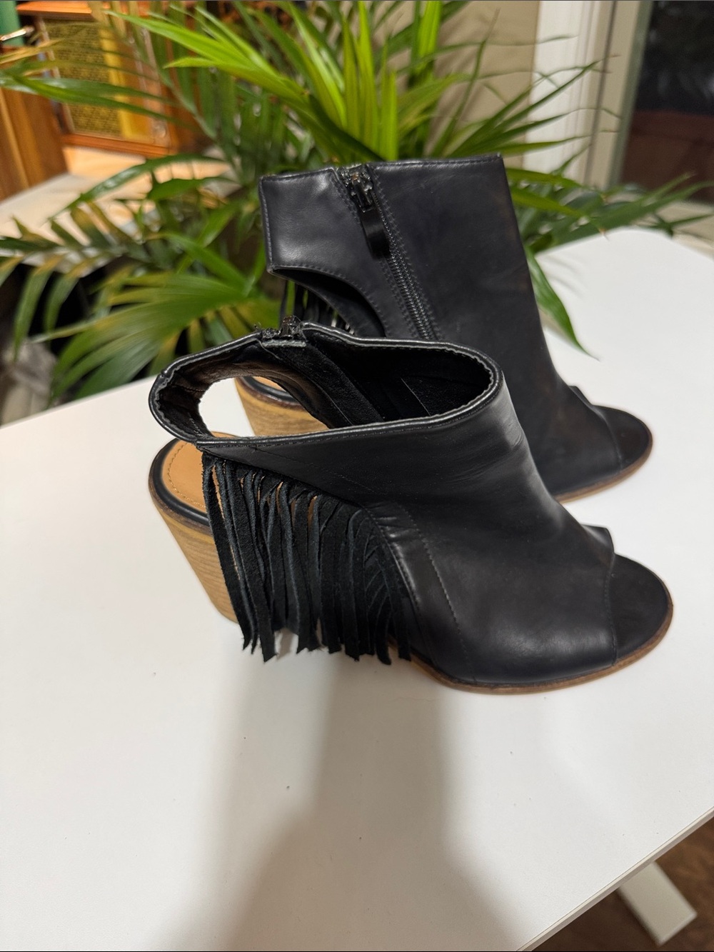 Very Volatile Black Leather Fringe Peep-Toe Booties